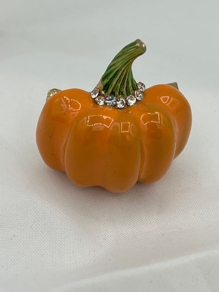 Halloween Fall Harvest Orange Enamel Pumpkin Pin Brooch with Clear CZ