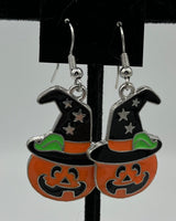 Silvertone Halloween Pumpkin in Witch Hat with Stars Charm Dangle Earrings