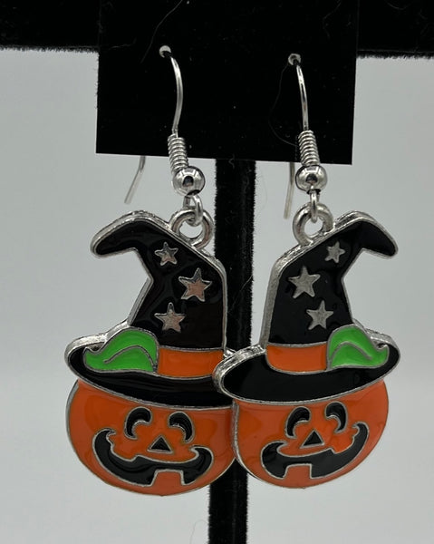 Silvertone Halloween Pumpkin in Witch Hat with Stars Charm Dangle Earrings