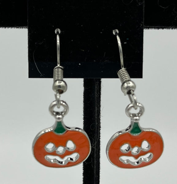 Orange Enamel Halloween Pumpkin Jack O Lantern Charm Dangle Earrings