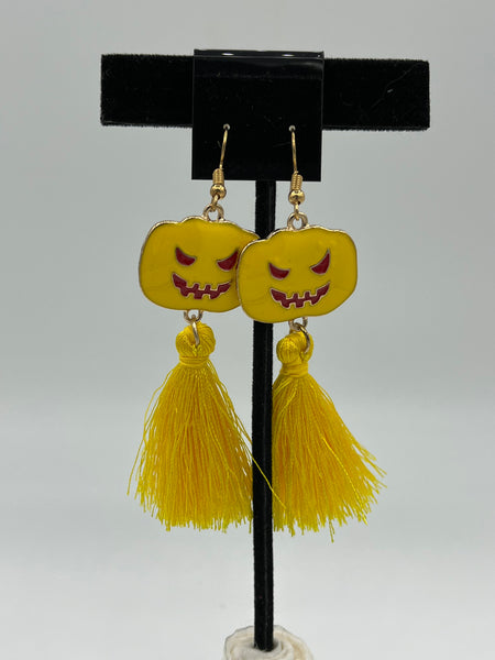Yellow Enamel and Goldtone Halloween Pumpkin Dangle Earrings with Tassel