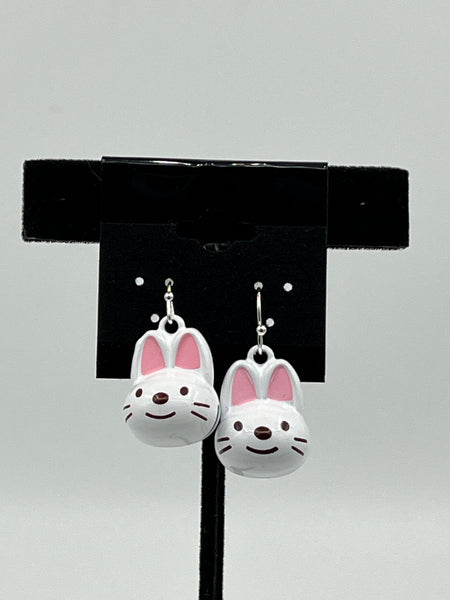 Pink & White Enameled Metal 3D Bunny Rabbit Head Sterling Silver Dangle Earrings