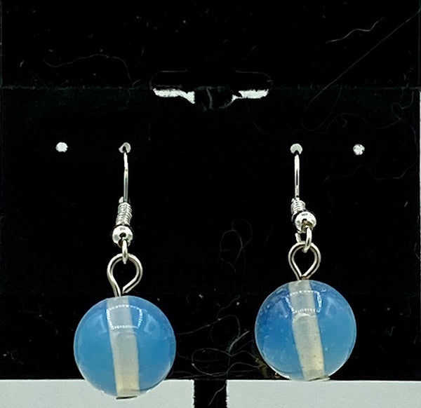 Natural Moonstone Gemstone Round Beaded Sterling Silver Dangle Earrings
