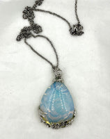 Natural Rainbow Moonstone Gemstone Teardrop in Floral Setting Pendant on Chain