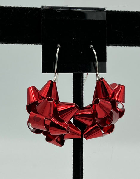 Silvertone and Red Enamel Christmas Bow Ribbon Charm Dangle Earrings