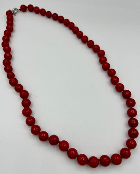 Natural Red Coral Gemstone 10 MM Round Long Beaded Necklace