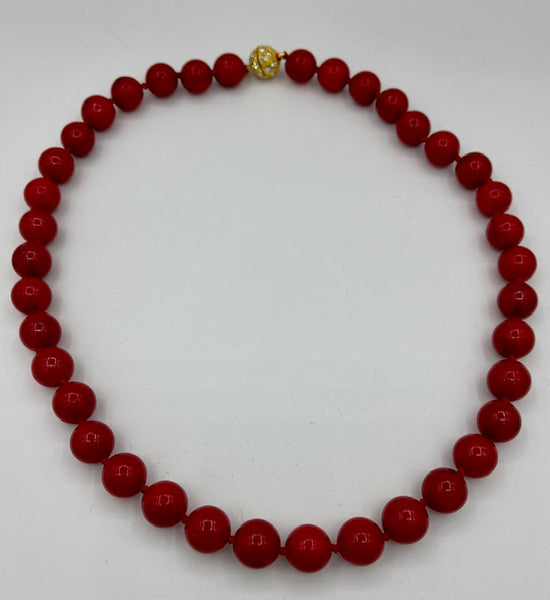 Natural Red Coral Gemstone Chunky12 MM Round Beaded Necklace with Magnetic Clasp