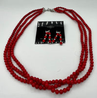 Natural Red Coral Gemstone 3 Strand Round Beaded Necklace and Dangle Earrings