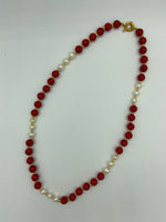 Natural Red Coral Gemstone Round and White Pearl Beaded Necklace