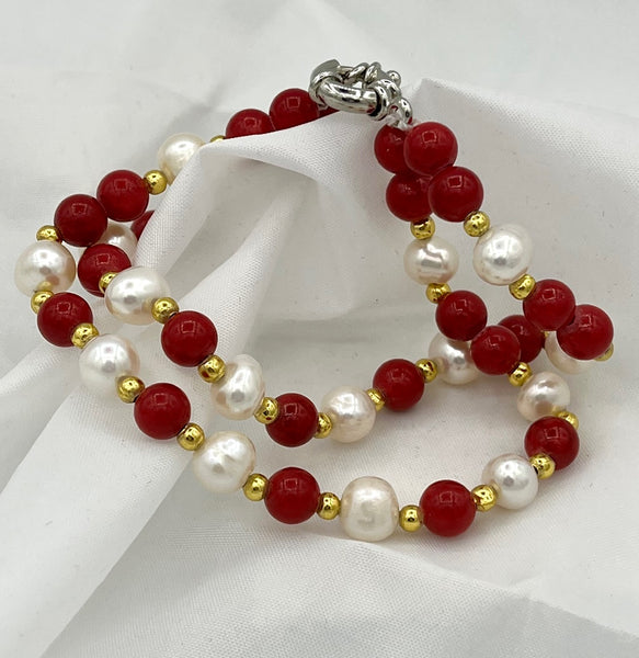 Natural Red Coral and White Pearl Gemstone Round Beaded 2 Strand Bracelet