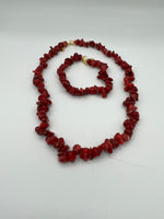 Natural Red Coral Gemstone Chips & Goldtone Beaded Adjustable Necklace Bracelet