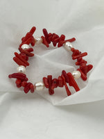 Natural Red Coral Gemstone Tumbled Finger & White Pearl Beaded Stretch Bracelet