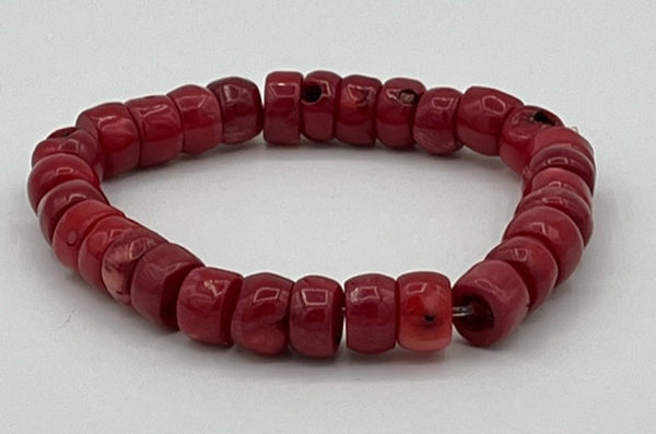 Natural Red Coral Gemstone Chunky Rondelles Beaded Stretch Bracelet