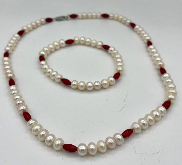 Natural Red Coral Gemstone Rice and Pearl Beaded Necklace and Stretch Bracelet