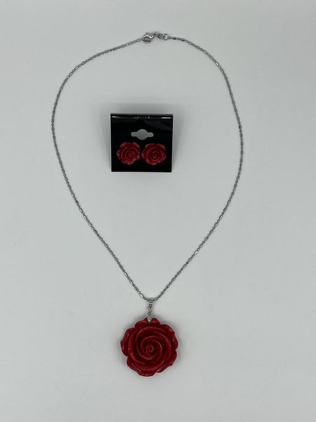 Red Coral Gemstone 3D Carved Rose Flower Pendant on Chain and Stud Earrings Set