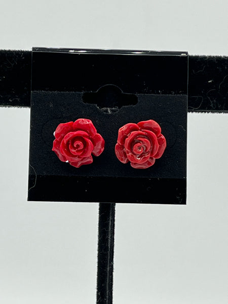 Natural Red Coral Gemstone Carved Rose Sterling Silver Stud Earrings