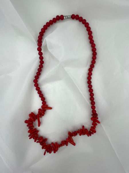 Natural Red Coral Gemstone Round and Tumbled Chips Beaded Necklace