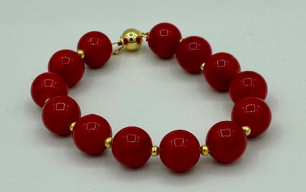 Natural Red Coral Gemstone 12 Millimeter Round and Gold Accent Beaded Bracelet