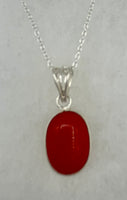 Natural Red Coral Gemstone Dainty Oval Cabochon Sterling Silver Pendant on Chain