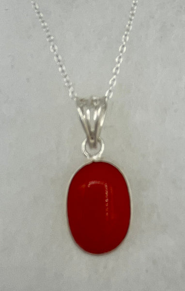 Natural Red Coral Gemstone Dainty Oval Cabochon Sterling Silver Pendant on Chain