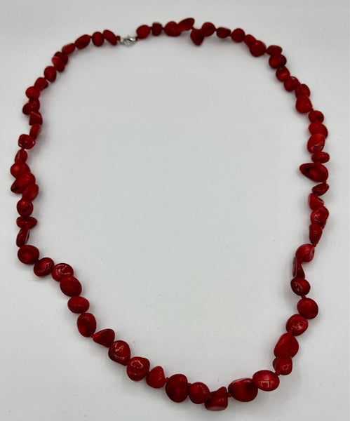 Natural Red Coral Gemstone Tumbled Long Beaded Necklace