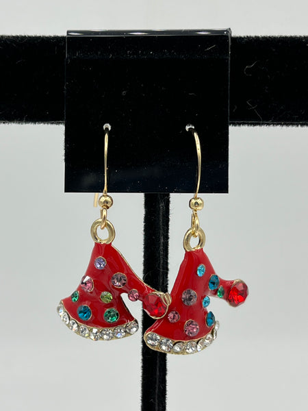 Goldtone and Red Enamel Christmas Stocking Hat Charm Dangle Earrings