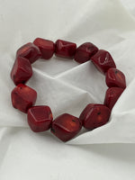 Natural Red Sponge Coral Gemstone Faceted Chunky Oval Beaded Stretch Bracelet