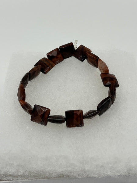 Natural Red Tiger Eye Gemstone Faceted Squares Beaded Stretch Bracelet