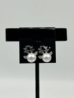 Silvertone and White Acrylic Pearl Christmas Reindeer Head Stud Post Earrings