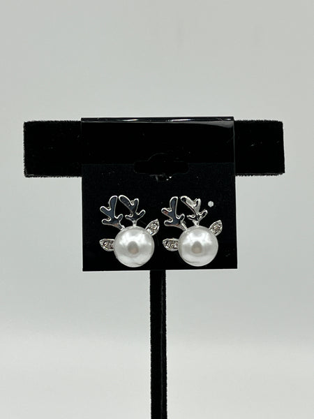 Silvertone and White Acrylic Pearl Christmas Reindeer Head Stud Post Earrings