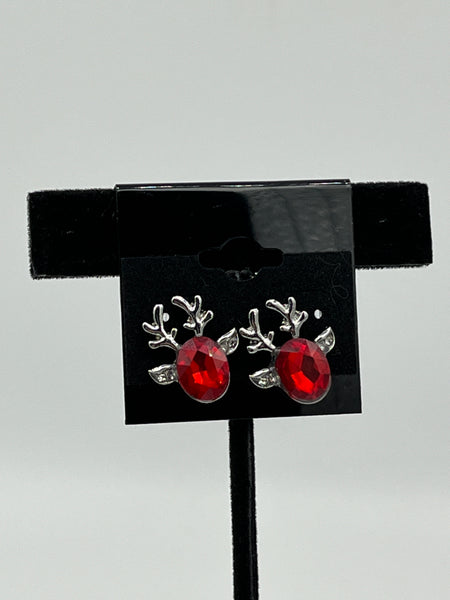 Christmas Reindeer Head Stud Post Earrings with Red Acrylic Stone