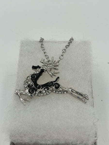 Silvertone Christmas Flying Reindeer Pin Brooch Pendant w/CZs on Chain Necklace