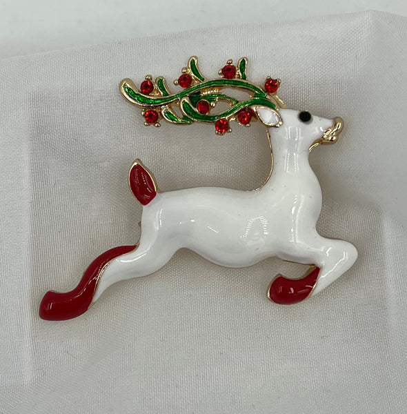 Red White and Green Enamel and CZ Christmas Flying Reindeer Pin Brooch