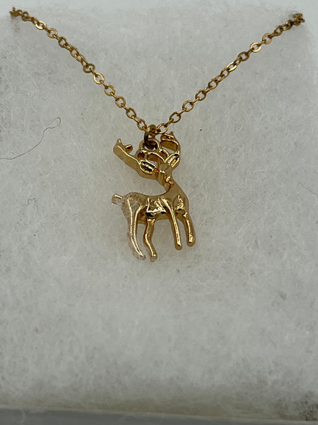 Dainty Goldtone Christmas Flying Reindeer Charm Pendant on Chain Necklace