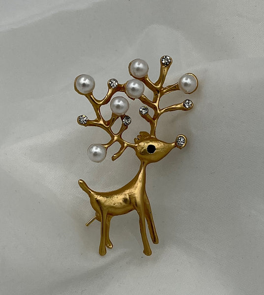 Elegant Goldtone Christmas Reindeer Pin Brooch with White Pearls and Clear CZs