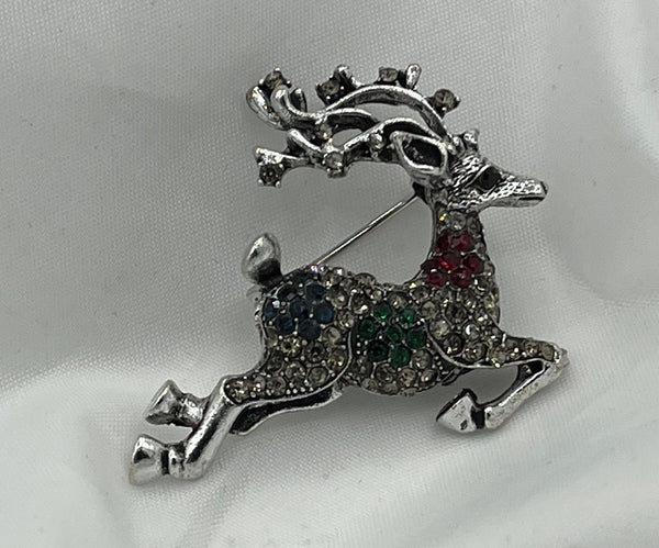 Silver Christmas Reindeer Pin Brooch with Red Blue and Clear CZ Stones