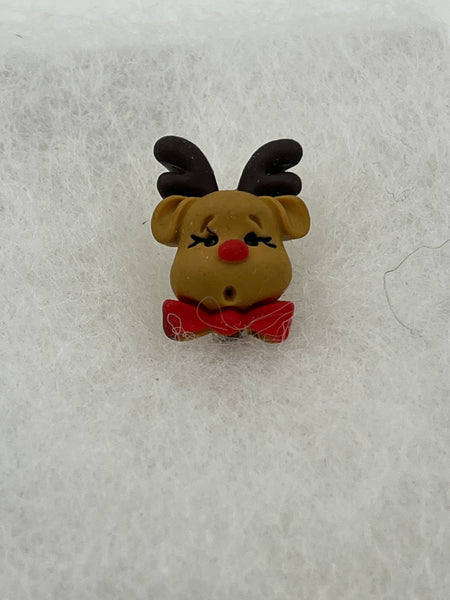 Cute Plastic Small Christmas Reindeer with Red Bow Pin Brooch