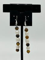 Natural Tiger Eye and Rice Pearl Gemstone Beaded Sterling Silver Dangle Earrings