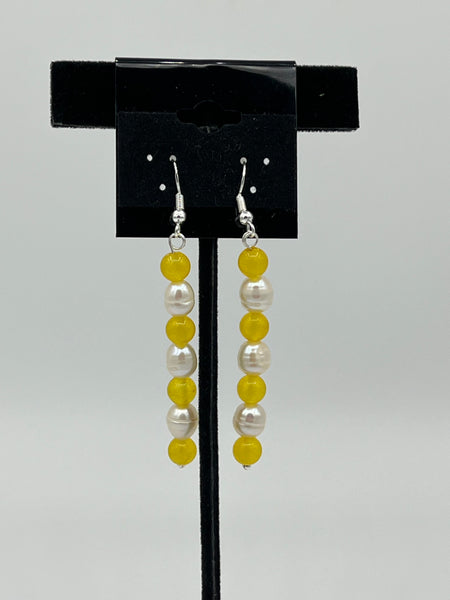 Natural Rice Pearl & Yellow Topaz Gemstone Bead Sterling Silver Dangle Earrings