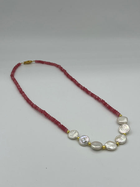 Natural Rodochrosite Faceted Rondelle & White Coin Pearl Gemstone Beade Necklace