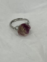 Natural Amethyst Gemstone 3D Carved Rose Flower Adjustable Silver Tone Ring