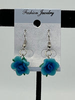 Blue Polymer Clay 3D Rose Flower Dangle Silvertone Earrings