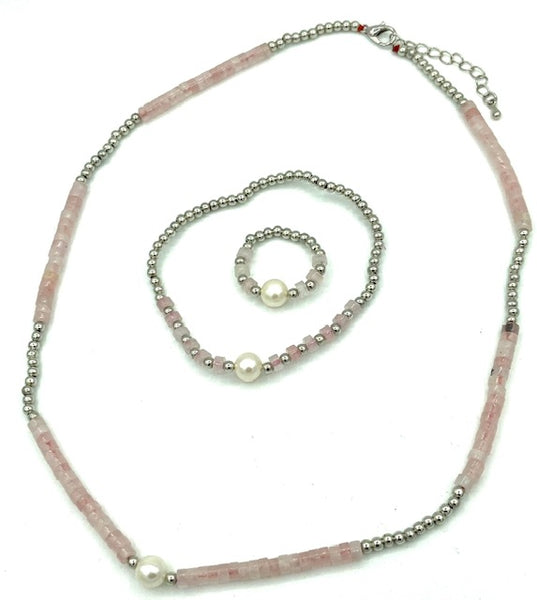 Natural Rose Quartz and Pearl Gemstone Beaded Necklace, Stretch Bracelet & Ring