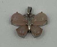 Natural Rose Quartz Gemstone and Silvertone Butterfly Pendant