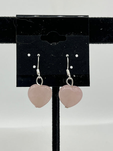 Natural Rose Quartz Gemstone Faceted Heart Bead Sterling Silver Dangle Earrings