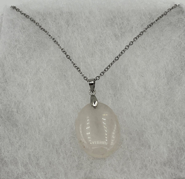 Natural Rose Quartz Gemstone Oval Pendant on Silvertone Chain Necklace