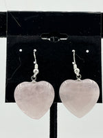 Natural Rose Quartz Gemstone Carved Puffed Heart Sterling Silver Dangle Earrings
