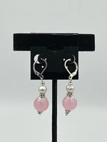 Natural Rose Quartz and Pearl Gemstone Beaded Leverback Dangle Earrings