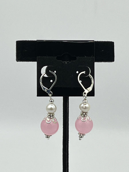 Natural Rose Quartz and Pearl Gemstone Beaded Leverback Dangle Earrings