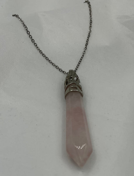 Natural Rose Quartz Gemstone Point Pendant on Silvertone Chain Necklace